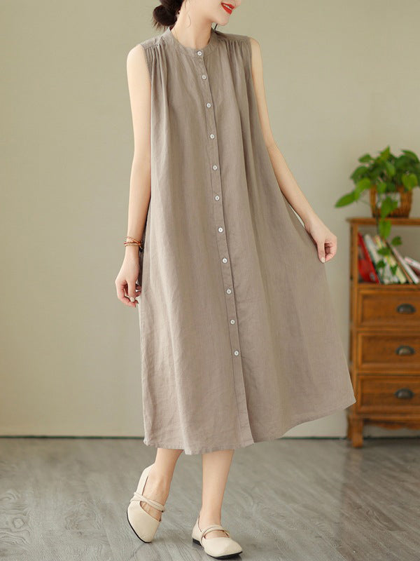 A-line Sleeveless Buttoned Pleated Color Round-neck Midi Dresses