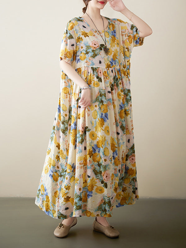 A-line Loose Printed Round-neck Midi Dresses