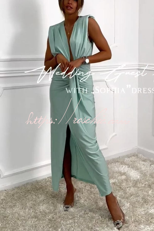 Classic and Dates V-neck Ruched Drape Slit Midi Dress