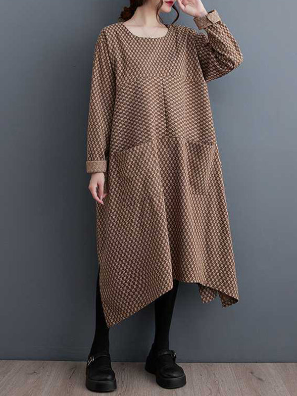 Long Sleeves Loose Pockets Printed Split-joint Split-side Round-neck Midi Dresses