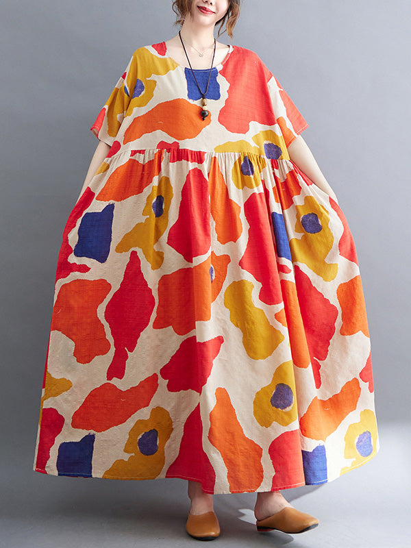 Artistic Retro Short Sleeves Loose Contrast Color Printed Round-neck Midi Dresses