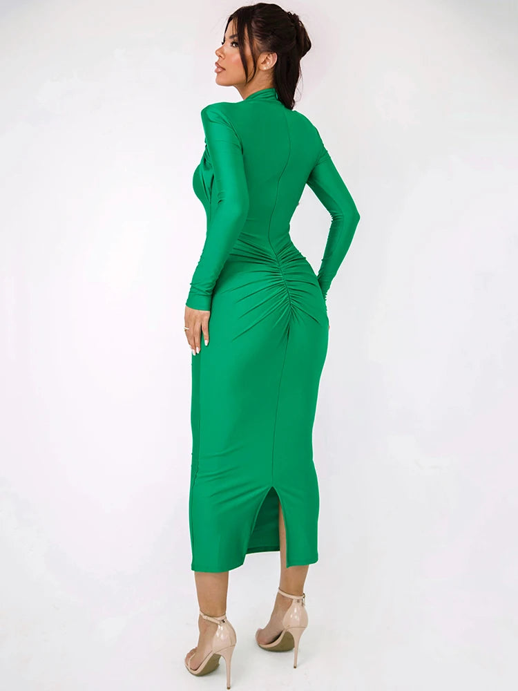 Hollow Out Long Sleeve Maxi Dress for Gown Autumn Winter New Metal Buckle Ruched Slit Long Dress