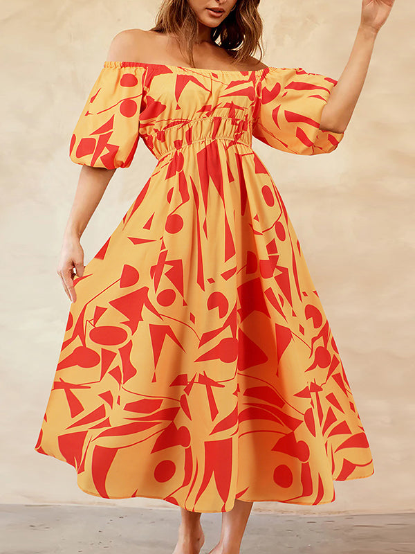 A-line Espadrilles Contrast Color Elasticity Pleated Pockets Printed Off-the-shoulder Midi Dresses