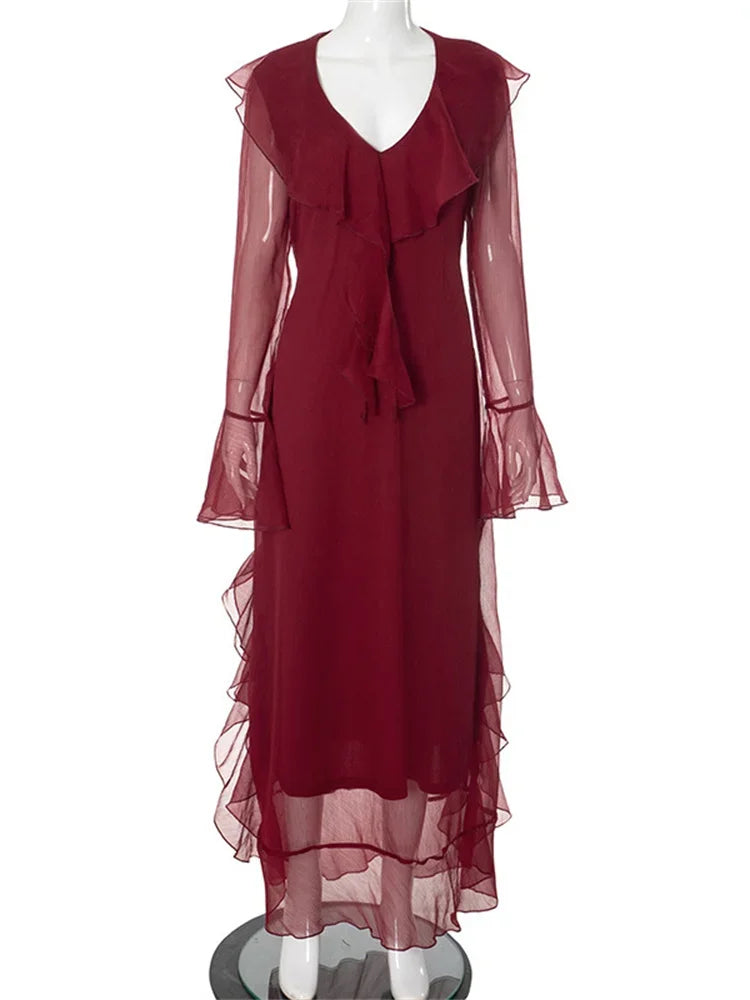 Mesh Ruffled Long Dress ’s V-neck Loose High Waist Patchwork Party Dress Female Autumn Maxi Dress New