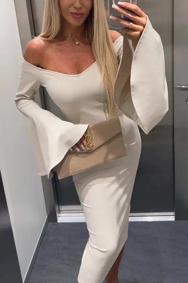 Color Off-shoulder Trumpet Sleeve Slim Midi Dress