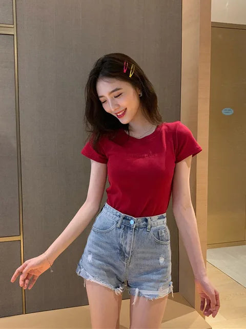 Short Sleeve Top Pure T-shirt Brand Letter Summer Embroidered Clothing Slim Cotton Pure Color Round Neck