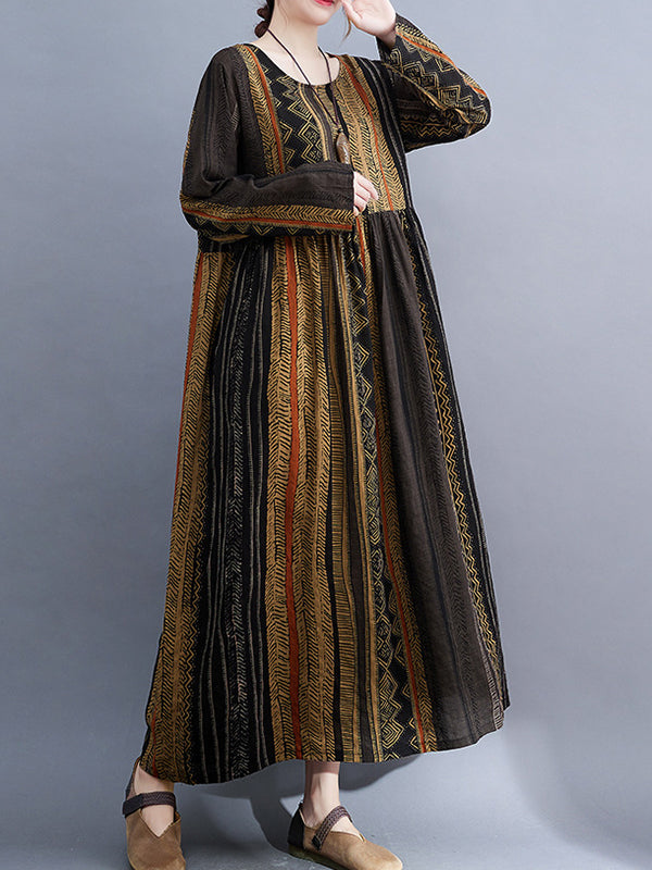 Vacation Loose Long Sleeves Contrast Color Printed Round-neck Midi Dresses