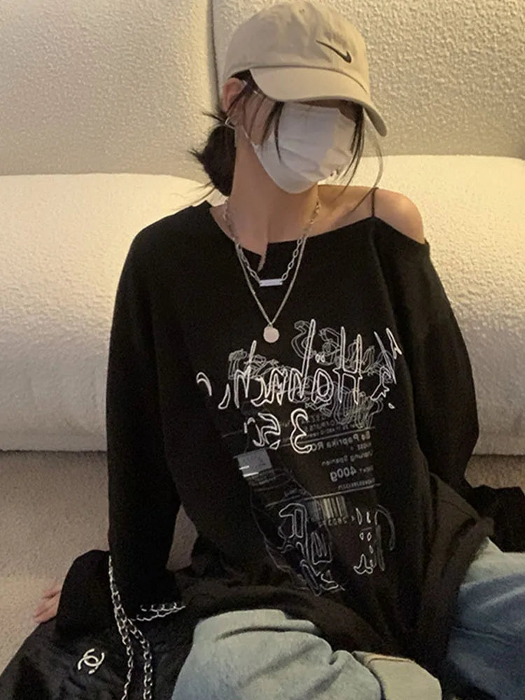 Y2k T-shirt Fairy Grunge Letter Print Tops Black Autumn Off Shoulder Long Sleeved Korean Tees Loose Harajuku Shirt
