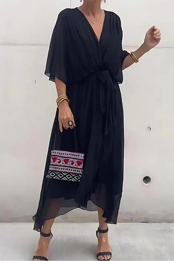 Color V-neck Bat Sleeve Lace-up Irregular Hem Midi Dress