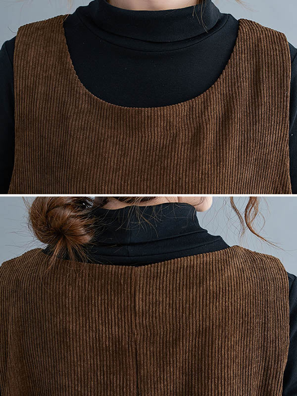 Corduroy Sleeveless Split-joint Round-neck Midi Dress