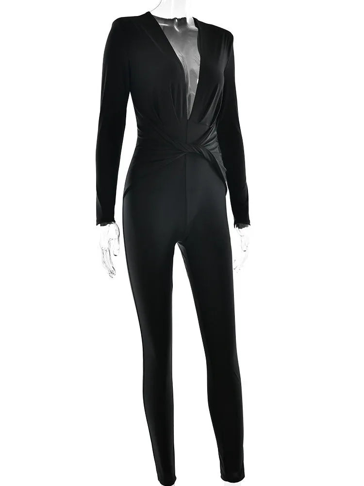 Deep V Elastic Tight Long Sleeved Jumpsuit Autumn Winter New Female Jumpsuit Temperament Street Clothing