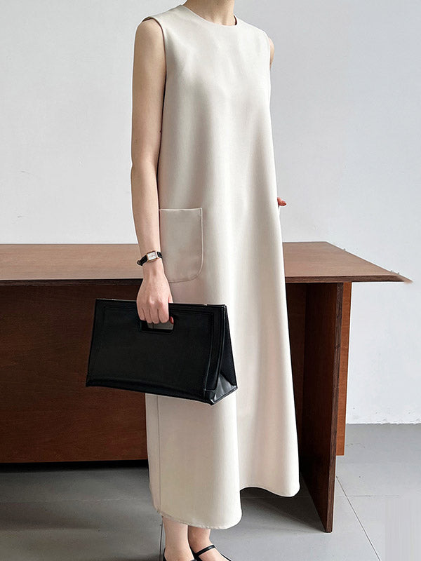 High Waisted Loose Pockets Color Split-back Zipper Round-neck Midi Dresses