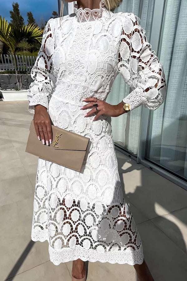 Romantic, Sensual and Crochet Lace Lantern Sleeve Party Midi Dress