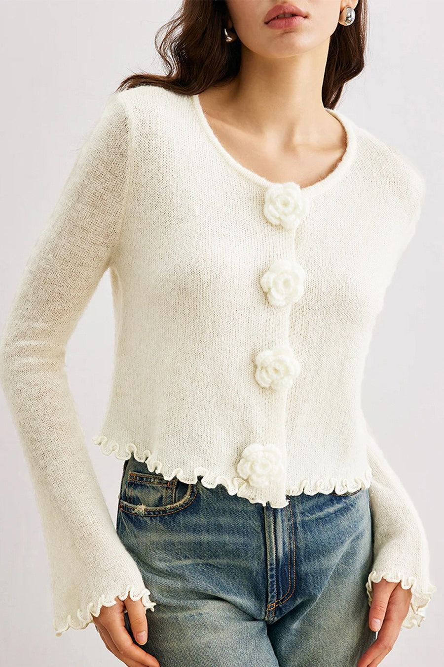 Slim-fit 3d Ruffled Pullover Knit Cardigan