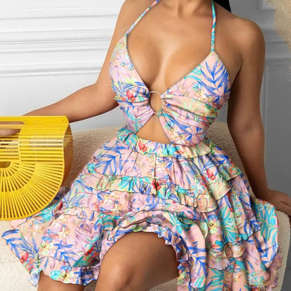 Summer New Printed Halter Neck Mini Dresses for Deep V-neck Hollow Out Backless Leace-up Dress Beach Vestido Feminino