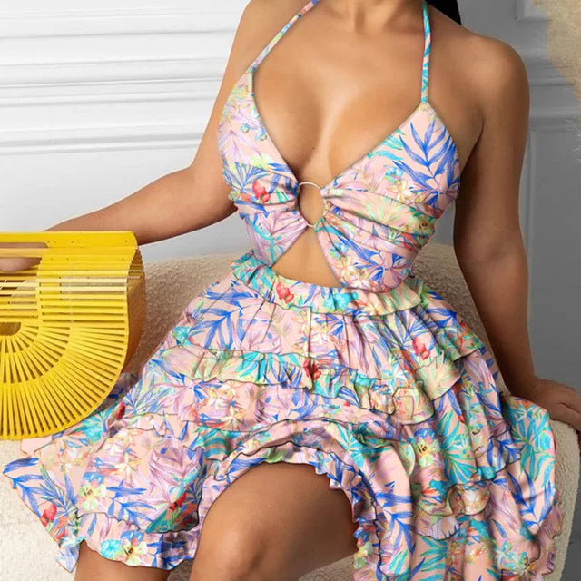 Summer New Printed Halter Neck Mini Dresses for Deep V-neck Hollow Out Backless Leace-up Dress Beach Vestido Feminino