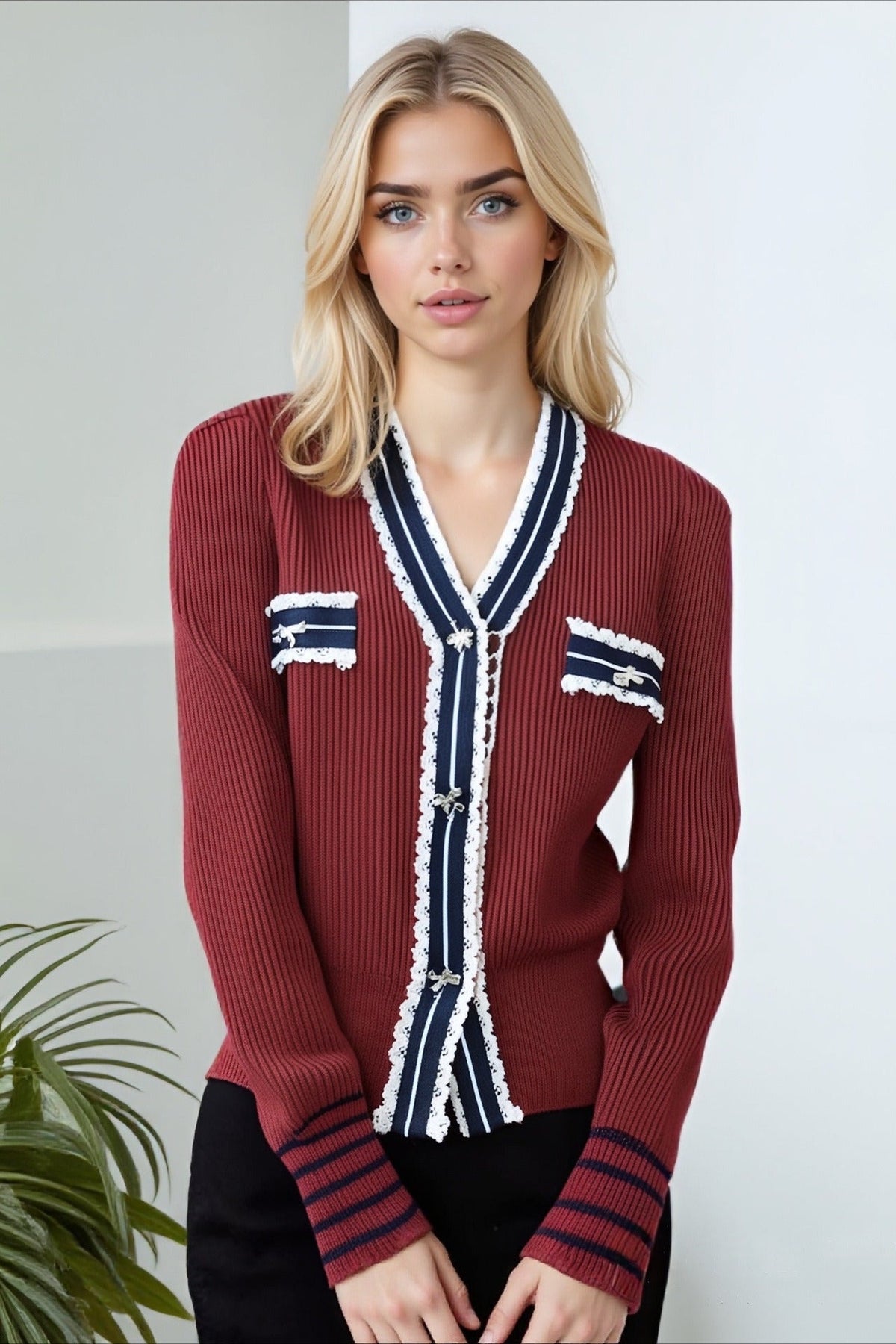 Colorblock Lace Trim V Neck Knit Cardigan