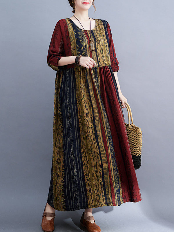 Vacation Loose Long Sleeves Contrast Color Printed Round-neck Midi Dresses