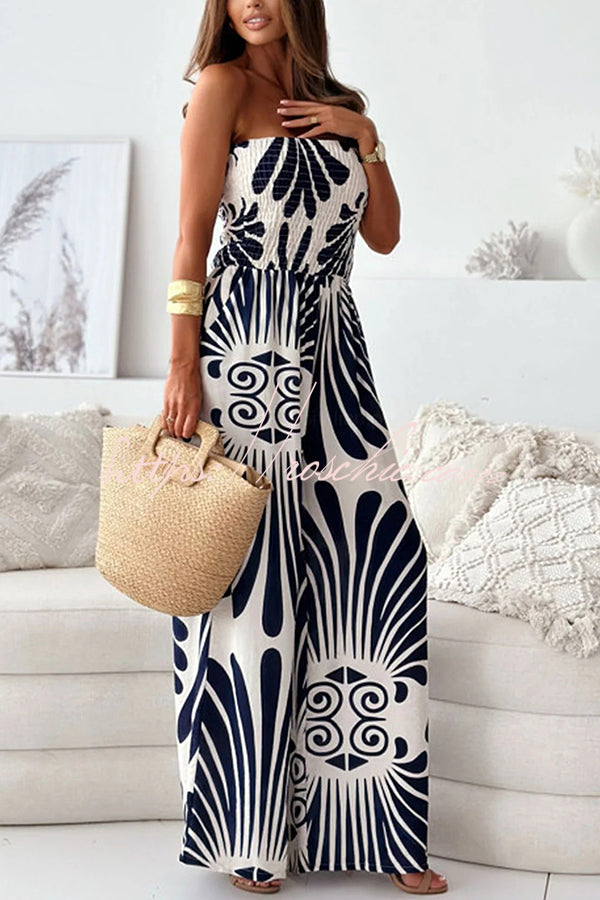 Unique Printed Off-shoulder Pleated Wide-leg Jumpsuit