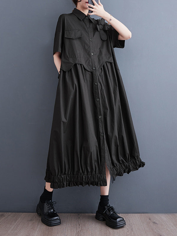 Loose Short Sleeves Elasticity Pleated Split-joint Lapel Midi Dresses