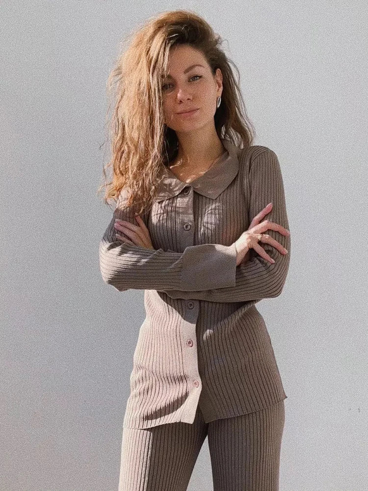 Ol Homewear Leisure Knitted Suit Autumn Long Sleeve Shirts and Wide Legs Pants Suit Two Piece Sets Outfits