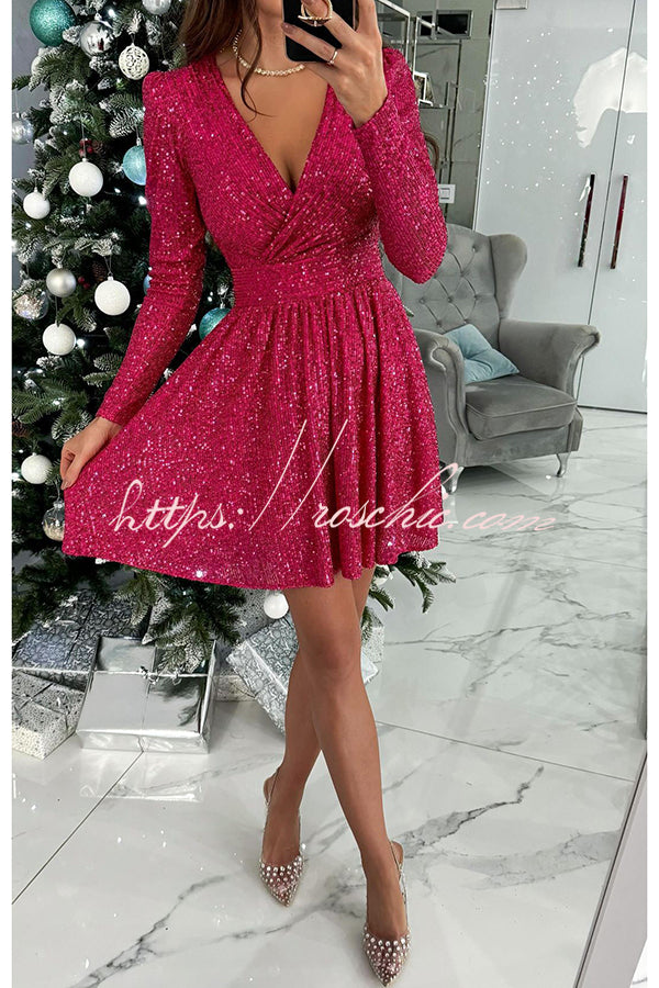 Night Out Sequin Wrap Long Sleeve Mini Dress