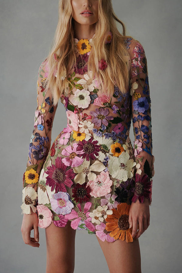Elegantly Enchanted Applique Backless Long Sleeve Mini Dress