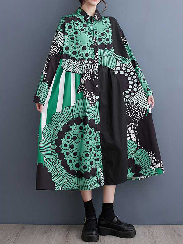 A-line Long Sleeves Asymmetric Buttoned Printed Split-joint Lapel Midi Dresses Shirt Dress