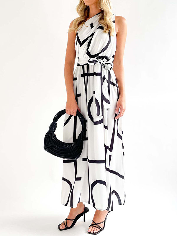 Loose Sleeveless Bandage Contrast Color Hollow Printed One-shoulder Midi Dresses