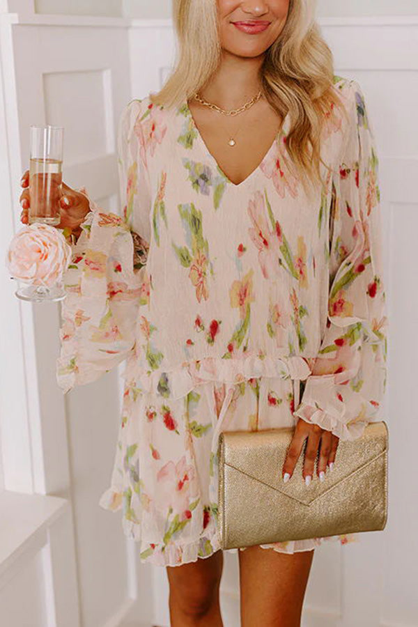 Striking Pleated Print V Neck Ruffle Paneled Long Sleeve Mini Dress