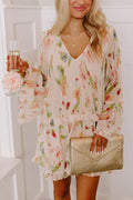 Striking Pleated Print V Neck Ruffle Paneled Long Sleeve Mini Dress