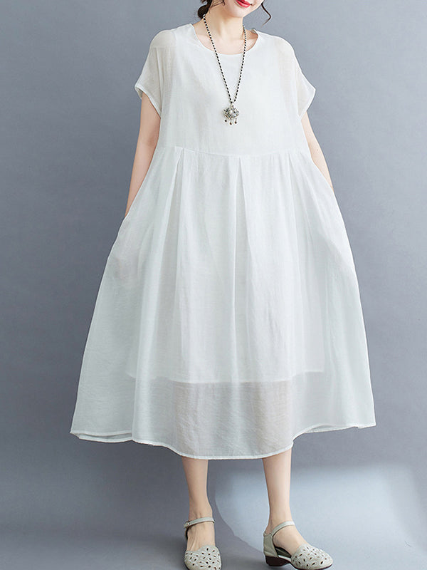 Loose Short Sleeves Color Split-joint Round-neck Midi Dresses