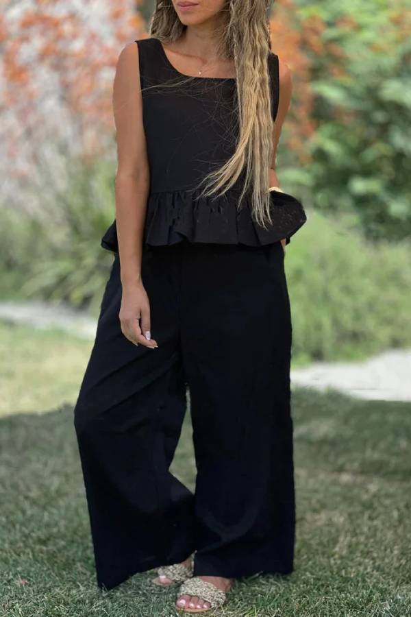 Cotton and Linen Color Sleeveless Top & Wide Leg Pants Two-piece Set