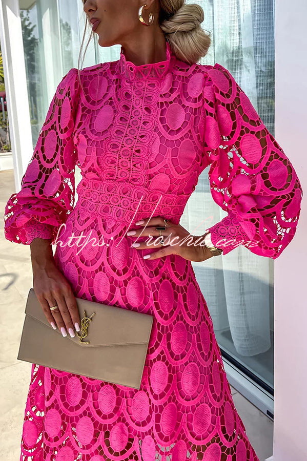 Romantic, Sensual and Crochet Lace Lantern Sleeve Party Midi Dress