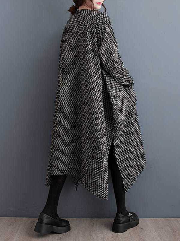 Long Sleeves Loose Pockets Printed Split-joint Split-side Round-neck Midi Dresses