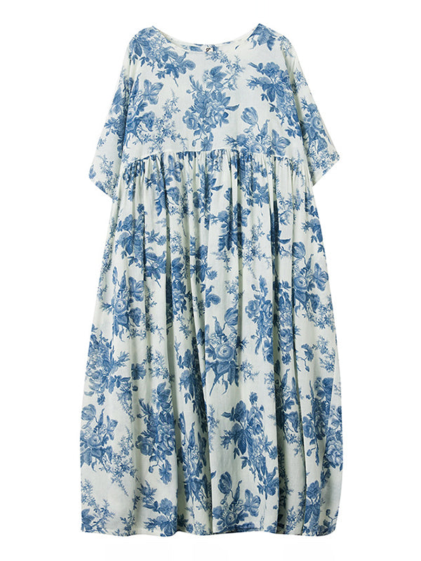 Loose Short Sleeves Printed Pleated Split-joint Round-neck Midi Dresses