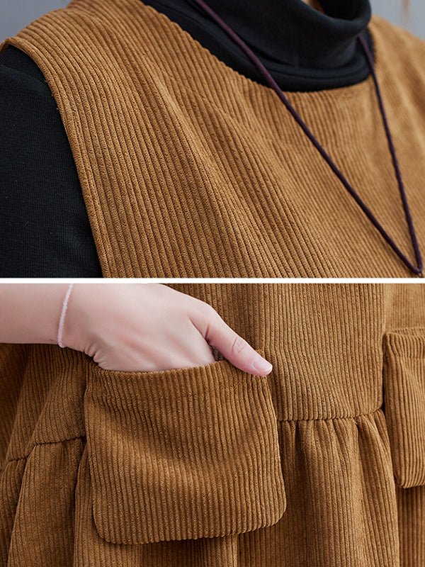 Artistic Retro Loose Sleeveless Color Round-neck Midi Dresses