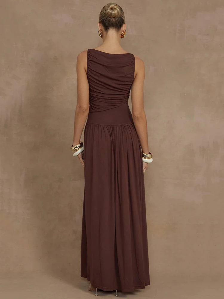 Sleeveless Maxi Dress for Boat Neck Tank Dresses Ruched Long Dress New Gown