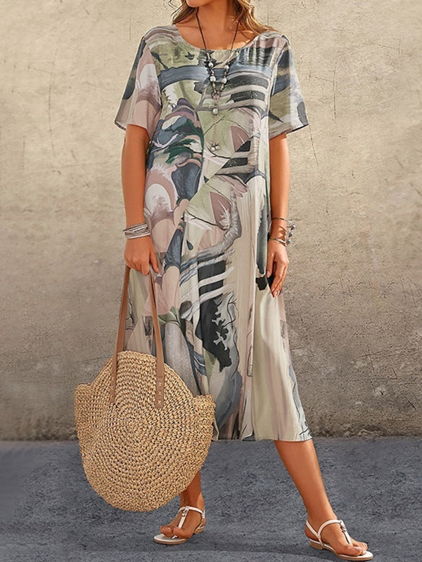 A-line Loose Printed Round-neck Midi Dresses