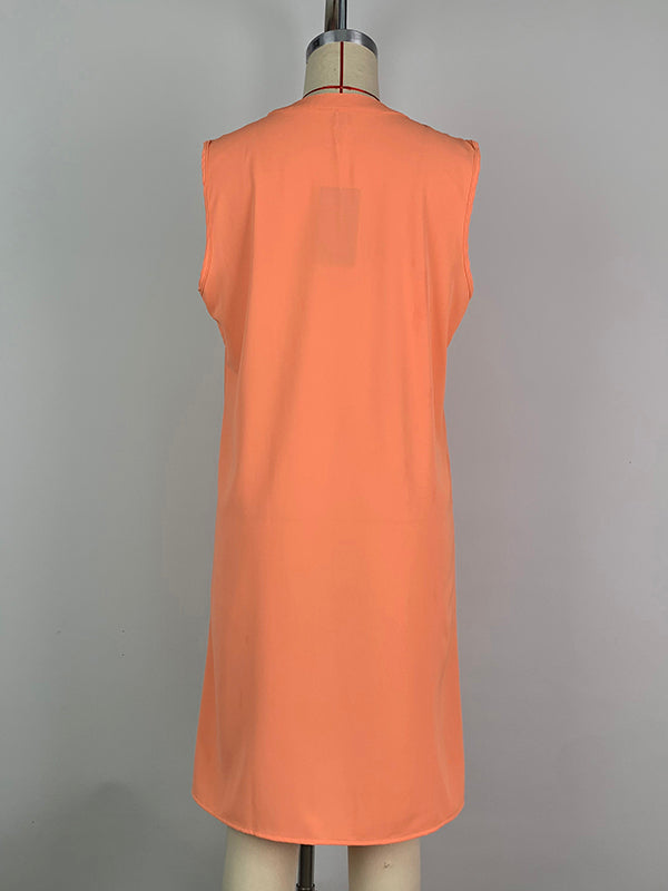 Loose Sleeveless Pleated Color V-neck Mini Dresses