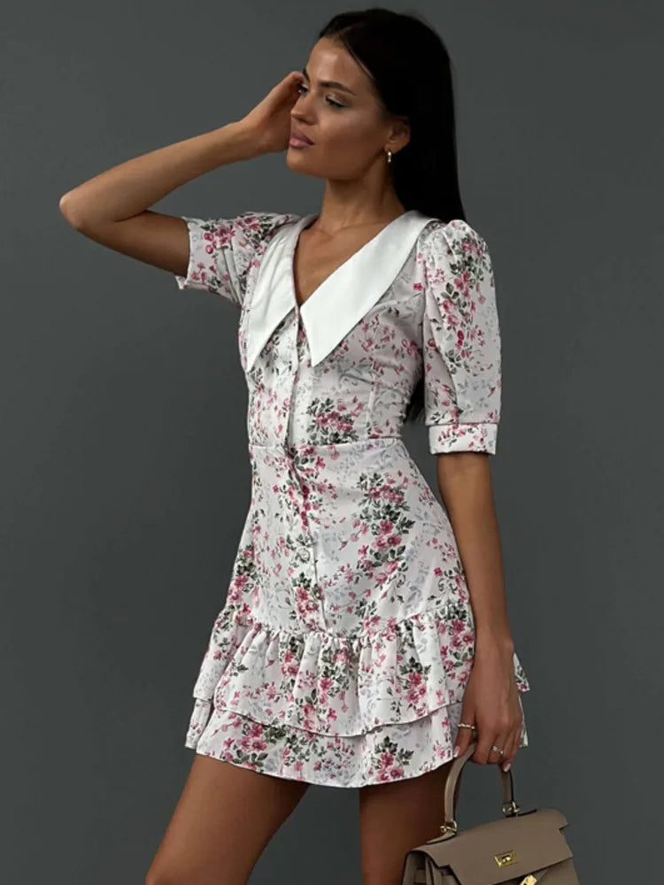 Short Sleeve Mini Dress for Robe Turn-down Collar French Dress High Waist Dresses