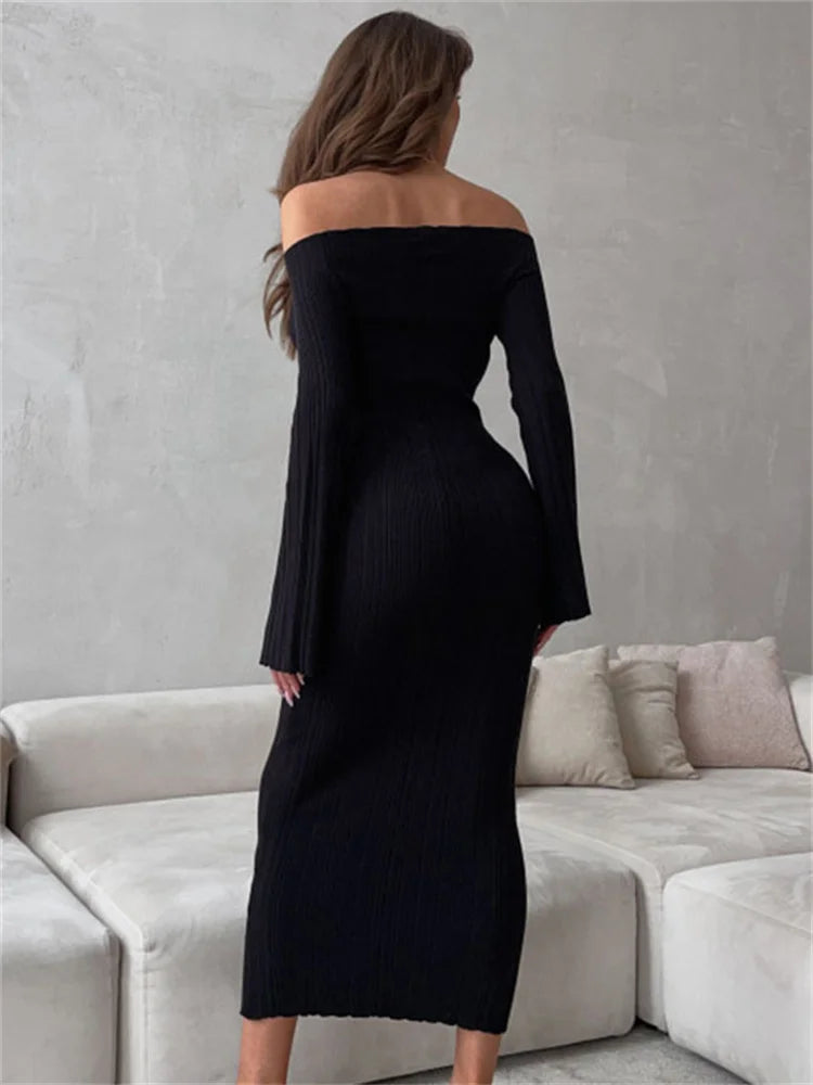 Ribbed Off-shoulder Knit Long Dress for Slim Long Sleeve High Waist Backless Dress Knitwear Loose Maxi Dress