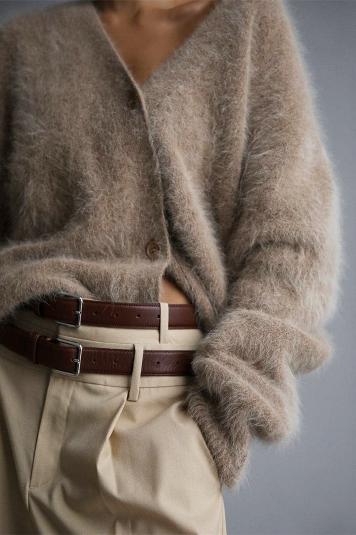 V-neck Fluffy Knit Cardigan Sweater