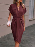 High-low Loose Knot Pleated Color Split-front V-neck Midi Dresses