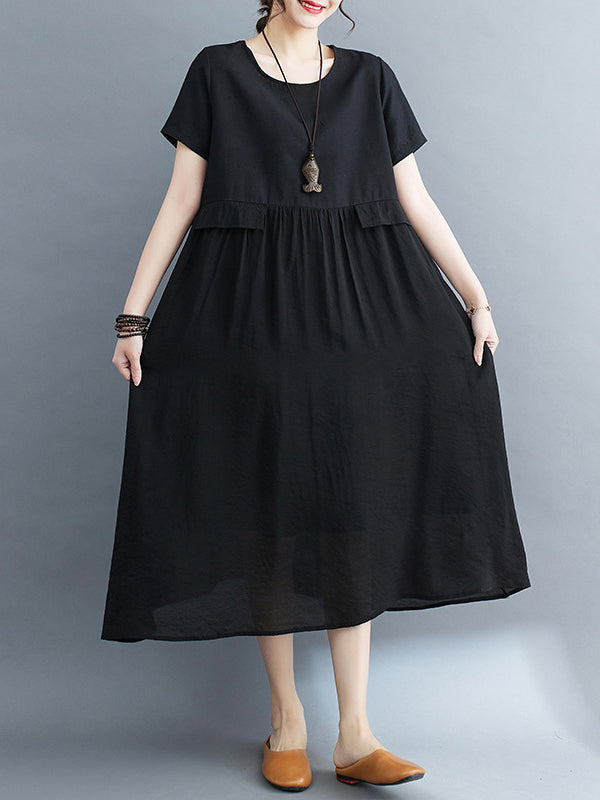 Loose Short Sleeves Gauze Color Split-joint Round-neck Midi Dresses