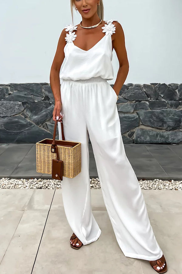 Color Embroidered Flower Suspenders Loose Jumpsuit