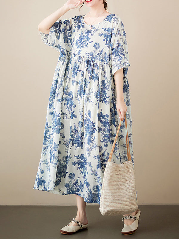 Loose Short Sleeves Printed Pleated Split-joint Round-neck Midi Dresses