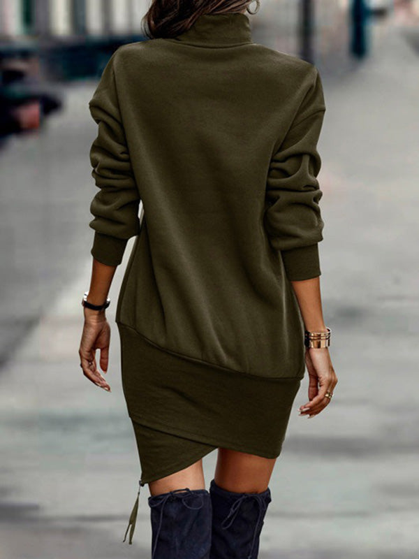 Long Sleeves Color High-neck Mini Dresses