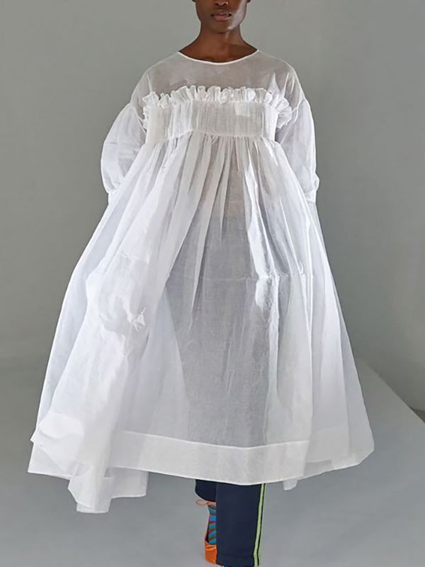 A-line Long Sleeves Mesh Pleated See-through Color Split-joint Round-neck Midi Dresses