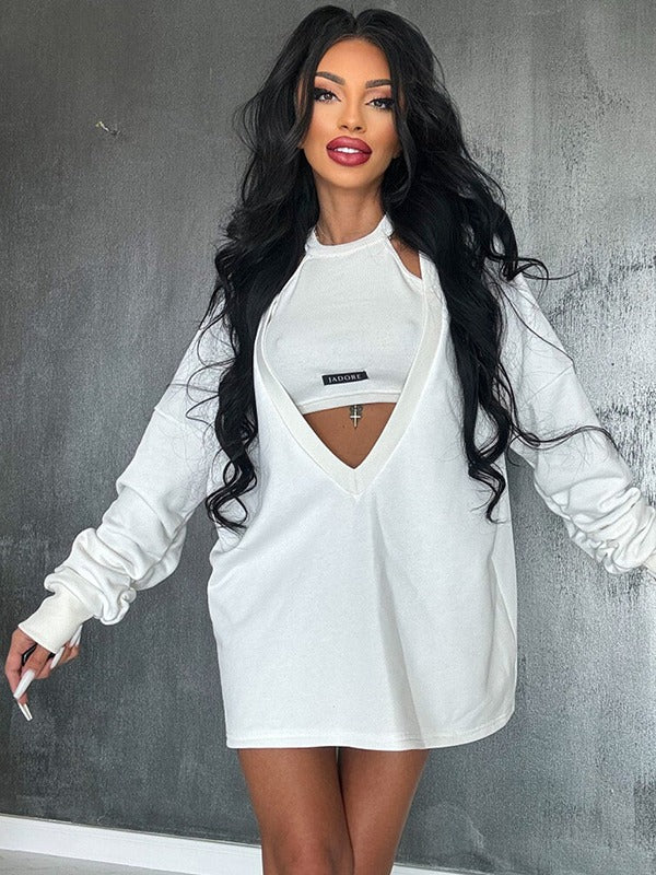 Loose Color Round-neck Mini Dresses & Vest Top Two Pieces Set